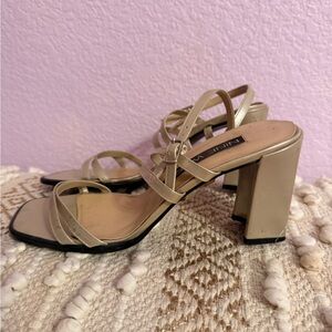 Nine West Gold metallic strappy heels with square toe and block heel